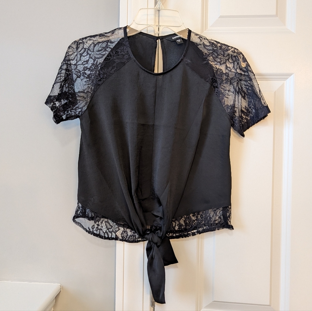 Express Black Lace Tie-Front Short Sleeve Blouse